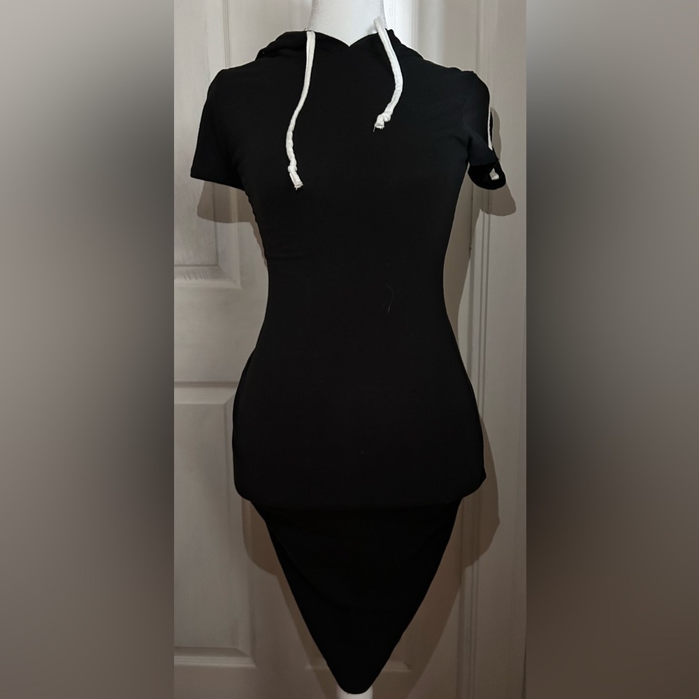 Black Hooded Dress with White Drawstrings